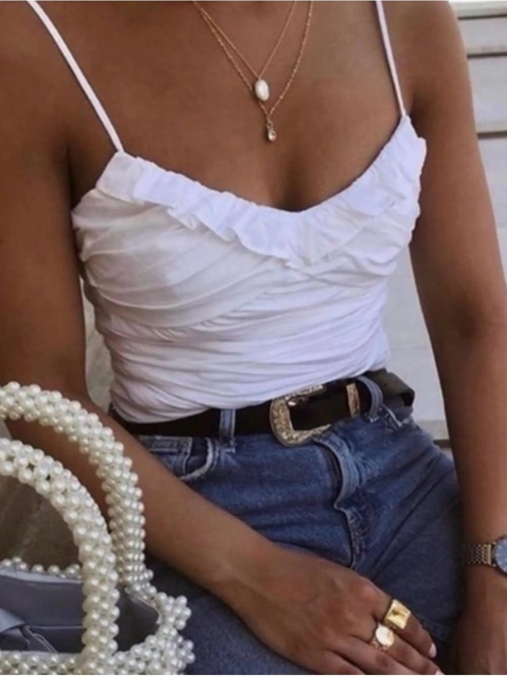 Zara White Ruffled Ruched Cami Top - Spaghetti Straps